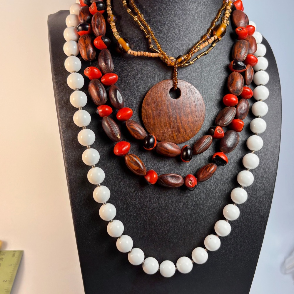 Vintage Necklace Lot Brown Red White Boho Wood Seed Bead Statement Jewelry Set